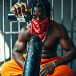 A close-up shot of a muscular African American gang member sitting in a prison cell