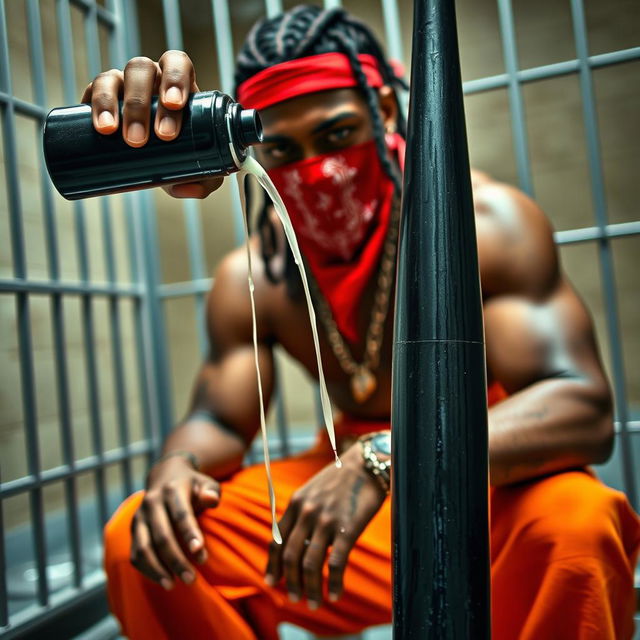 A close-up shot of a muscular African American gang member sitting in a prison cell