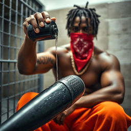 A close-up shot of a muscular African American gang member sitting in a prison cell