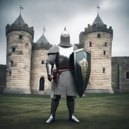 Generate an image of a medieval soldier, armed with a long sword and shield, standing stoically in front of an ancient castle under a gray overcast sky