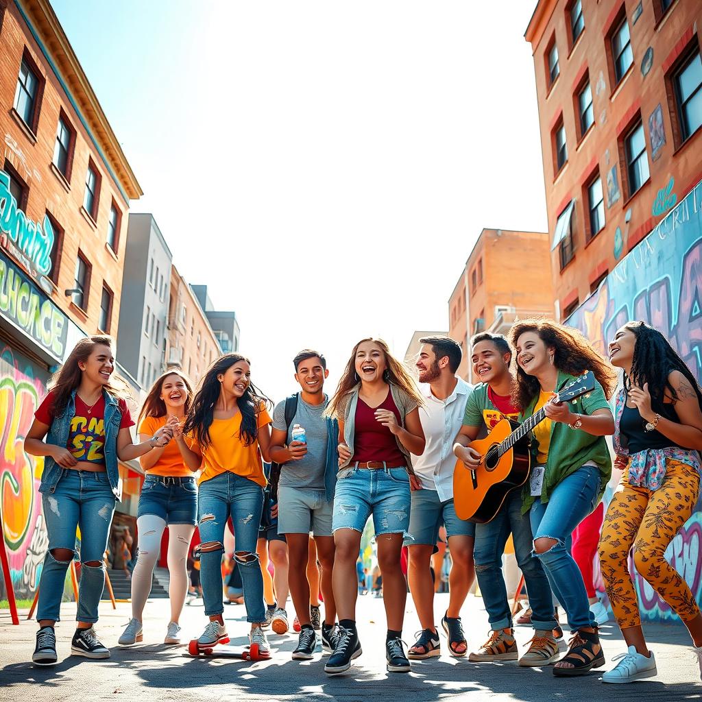 A vibrant and dynamic depiction of youth, showcasing an energetic group of young adults enjoying life in a lively urban setting