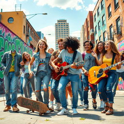 A vibrant and dynamic depiction of youth, showcasing an energetic group of young adults enjoying life in a lively urban setting