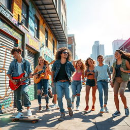 A vibrant and dynamic depiction of youth, showcasing an energetic group of young adults enjoying life in a lively urban setting