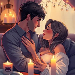 A visually stunning illustration capturing a passionate and intimate moment between two adults, showcasing their connection and chemistry