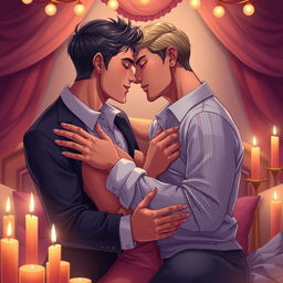 A visually stunning illustration capturing a passionate and intimate moment between two adults, showcasing their connection and chemistry