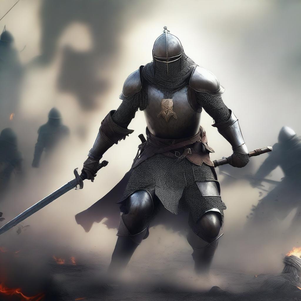 Create a dynamic, high-resolution image of a medieval soldier amidst a large battle