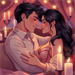 A visually stunning illustration capturing a passionate and intimate moment between two adults, showcasing their connection and chemistry
