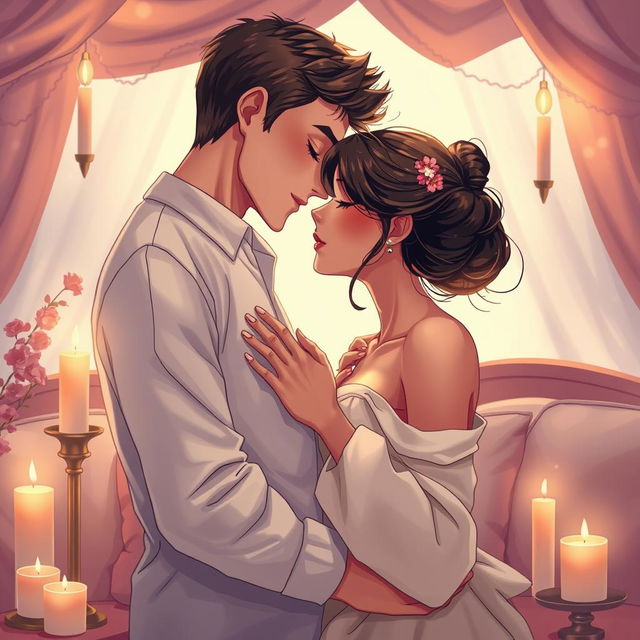 A visually stunning illustration capturing a passionate and intimate moment between two adults, showcasing their connection and chemistry