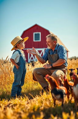 A nostalgic scene depicting a 1930s farm boy standing in a sunlit field, dressed in vintage overalls and a straw hat, looking up attentively at his wise, rugged father who is kneeling beside him, engaging in a lesson about farm life