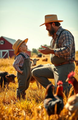A nostalgic scene depicting a 1930s farm boy standing in a sunlit field, dressed in vintage overalls and a straw hat, looking up attentively at his wise, rugged father who is kneeling beside him, engaging in a lesson about farm life