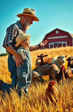 A nostalgic scene depicting a 1930s farm boy standing in a sunlit field, dressed in vintage overalls and a straw hat, looking up attentively at his wise, rugged father who is kneeling beside him, engaging in a lesson about farm life