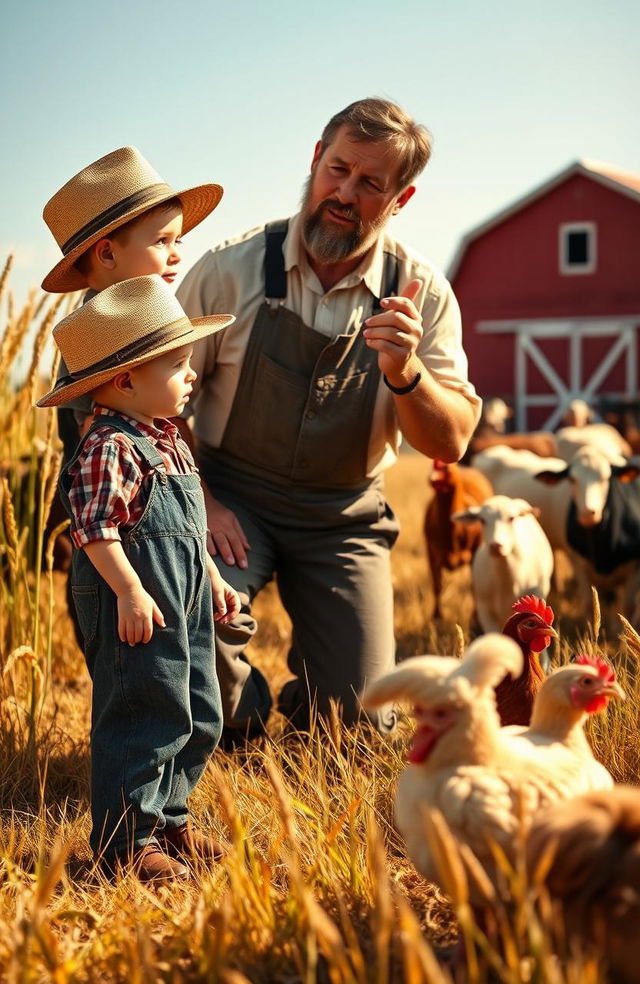 A nostalgic scene depicting a 1930s farm boy standing in a sunlit field, dressed in vintage overalls and a straw hat, looking up attentively at his wise, rugged father who is kneeling beside him, engaging in a lesson about farm life
