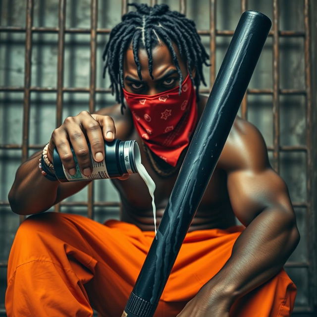 A close-up of a muscular African American gang member sitting in a prison cell, looking angry