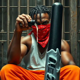 A close-up of a muscular African American gang member sitting in a prison cell, looking angry
