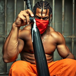 A close-up of a muscular African American gang member sitting in a prison cell, looking angry