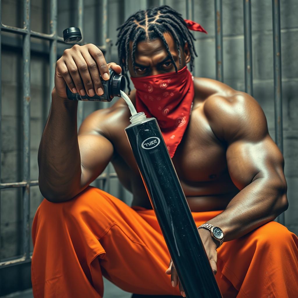 A close-up of a muscular African American gang member sitting in a prison cell, looking angry