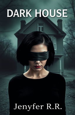 A mysterious woman with short black hair, her eyes blindfolded, standing in front of a dark, eerie house