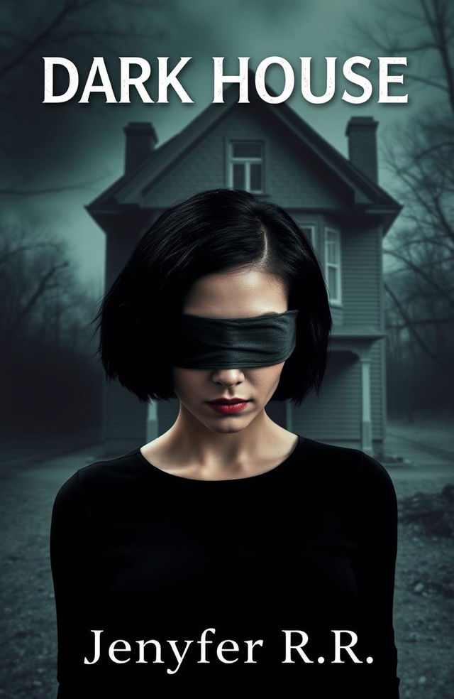 A mysterious woman with short black hair, her eyes blindfolded, standing in front of a dark, eerie house