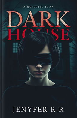 A mysterious woman with short black hair, her eyes blindfolded, standing in front of a dark, eerie house