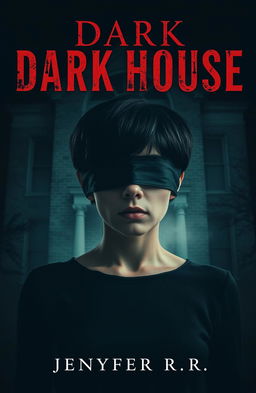 A mysterious woman with short black hair, her eyes blindfolded, standing in front of a dark, eerie house