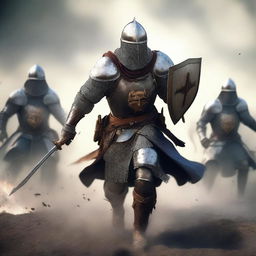 Create a dynamic, high-resolution image of a medieval soldier amidst a large battle