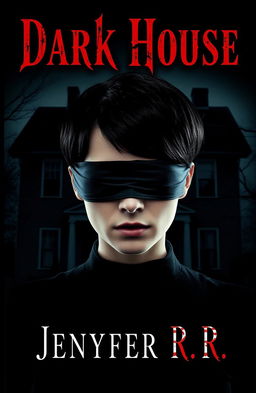 A mysterious woman with short black hair, her eyes blindfolded, standing in front of a dark, eerie house