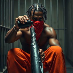 A close-up shot of a muscular African American gang member with an angry expression
