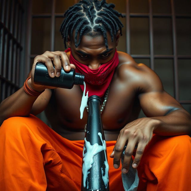 A close-up shot of a muscular African American gang member with an angry expression