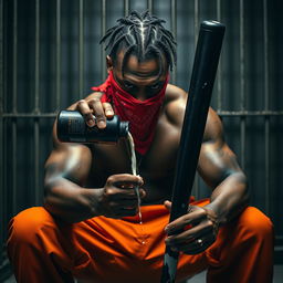 A close-up shot of a muscular African American gang member with an angry expression