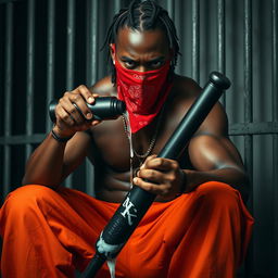 A close-up shot of a muscular African American gang member with an angry expression