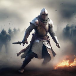 Create a dynamic, high-resolution image of a medieval soldier amidst a large battle