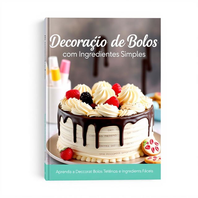 An attractive and professional e-book cover for a digital book titled 'Decoração de Bolos com Ingredientes Simples