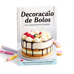 An attractive and professional e-book cover for a digital book titled 'Decoração de Bolos com Ingredientes Simples