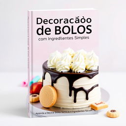 An attractive and professional e-book cover for a digital book titled 'Decoração de Bolos com Ingredientes Simples