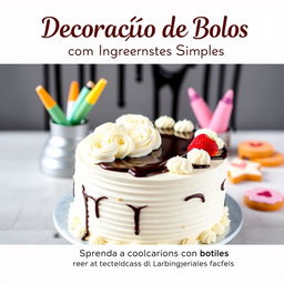 An attractive and professional e-book cover for a digital book titled 'Decoração de Bolos com Ingredientes Simples