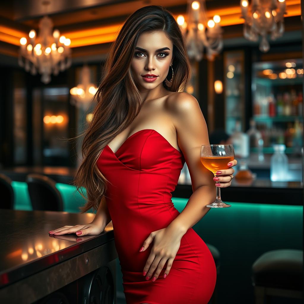 A sexy girl with long flowing brunette hair, wearing a form-fitting red dress that accentuates her curves