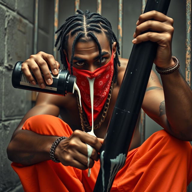 A close-up of a muscular African American gang member looking angry, wearing baggy orange pants and a red bandana mask covering his mouth and nose