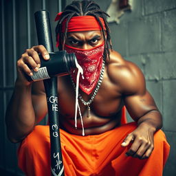 A close-up of a muscular African American gang member looking angry, wearing baggy orange pants and a red bandana mask covering his mouth and nose
