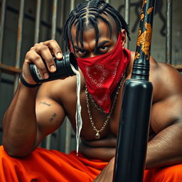 A close-up of a muscular African American gang member looking angry, wearing baggy orange pants and a red bandana mask covering his mouth and nose