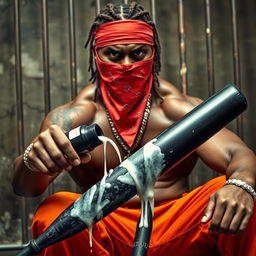 A close-up of a muscular African American gang member looking angry, wearing baggy orange pants and a red bandana mask covering his mouth and nose