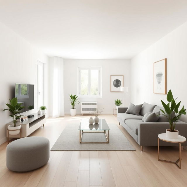 A minimalist living room design featuring a neutral color palette with white walls and light wood flooring