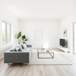 A minimalist living room design featuring a neutral color palette with white walls and light wood flooring