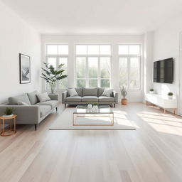 A minimalist living room design featuring a neutral color palette with white walls and light wood flooring