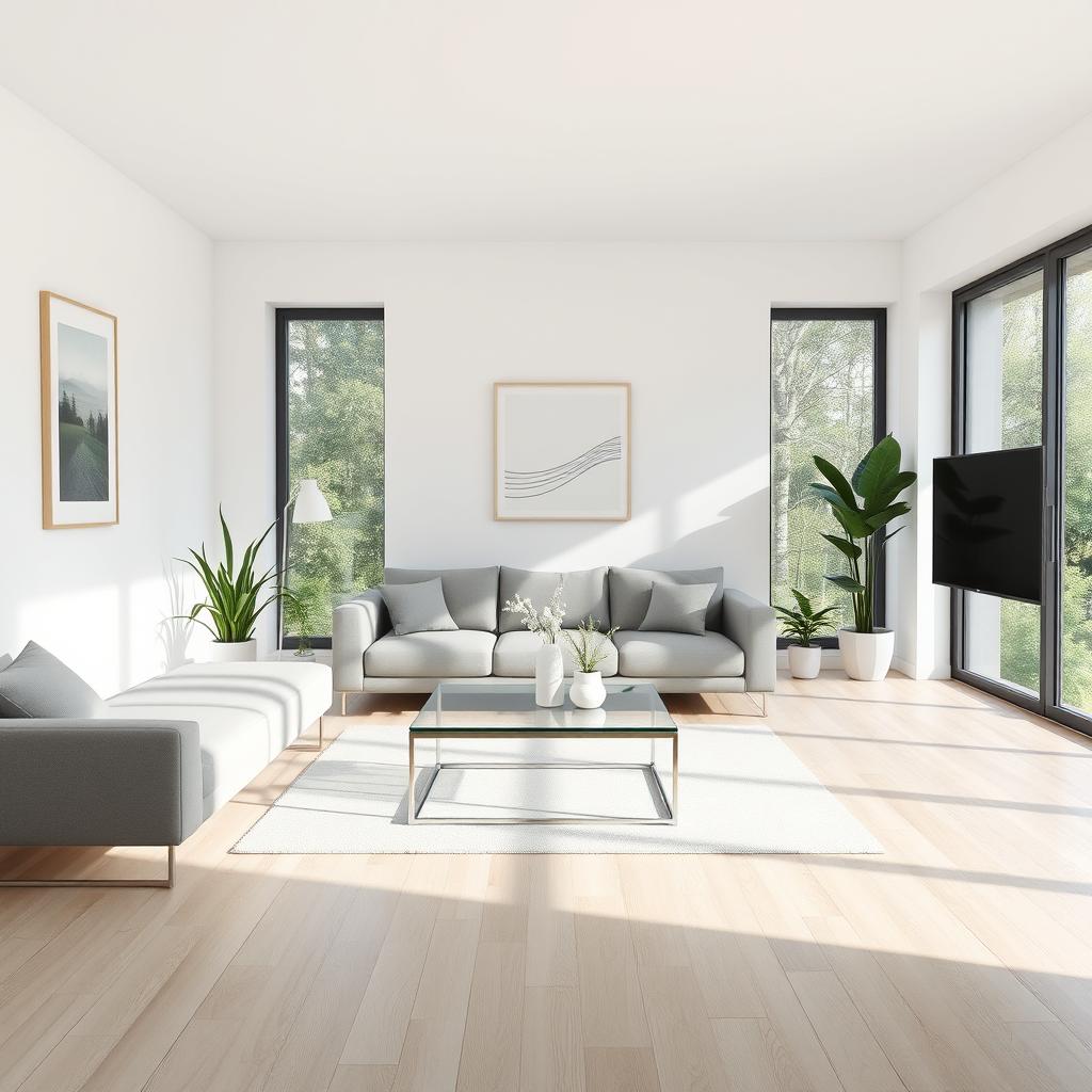 A minimalist living room design featuring a neutral color palette with white walls and light wood flooring