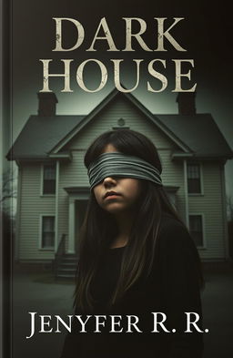 A girl with dark skin and black hair, her eyes blindfolded, standing in front of a dark house