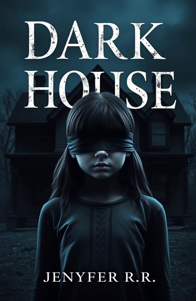 A girl with dark skin and black hair, her eyes blindfolded, standing in front of a dark house