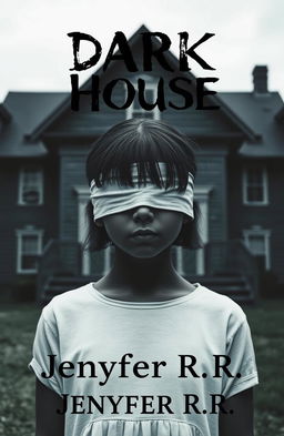 A girl with dark skin and black hair, her eyes blindfolded, standing in front of a dark house