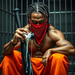 A close-up portrait of a muscular African American gang member displaying an angry expression