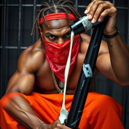 A close-up portrait of a muscular African American gang member displaying an angry expression