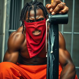A close-up portrait of a muscular African American gang member displaying an angry expression